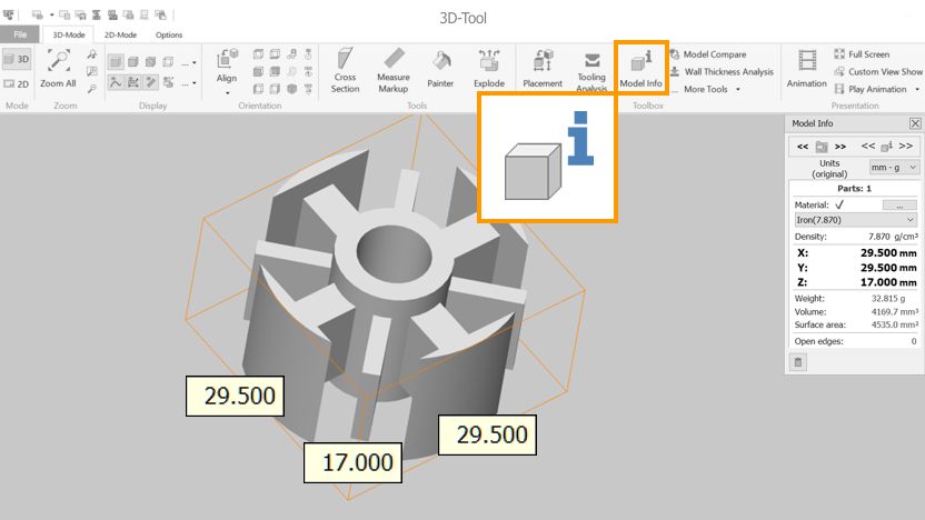 Volume, surface, dimensions and weight of 3D CAD parts